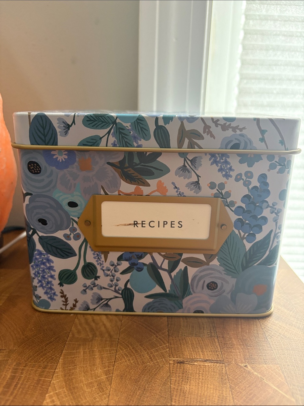 Rifle Paper Garden Party Blue Recipe Box with Brass Label Holder